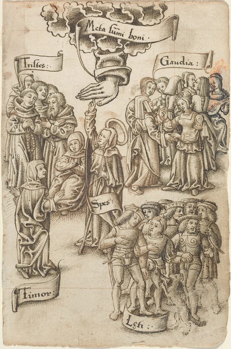 Hope, Reaching for Heaven, Stands among Sad and Happy Men, Joys, and Fear [fol. 19 recto] by French early 16th Century, drawing, 1512-1515