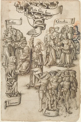 Hope, Reaching for Heaven, Stands among Sad and Happy Men, Joys, and Fear [fol. 19 recto] by French early 16th Century, drawing, 1512-1515