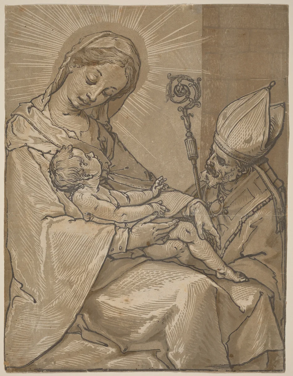 Madonna and Child with a Bishop by Andrea Andreani; Alessandro Casolani, print, 1591