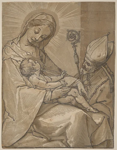 Madonna and Child with a Bishop by Andrea Andreani; Alessandro Casolani, print, 1591