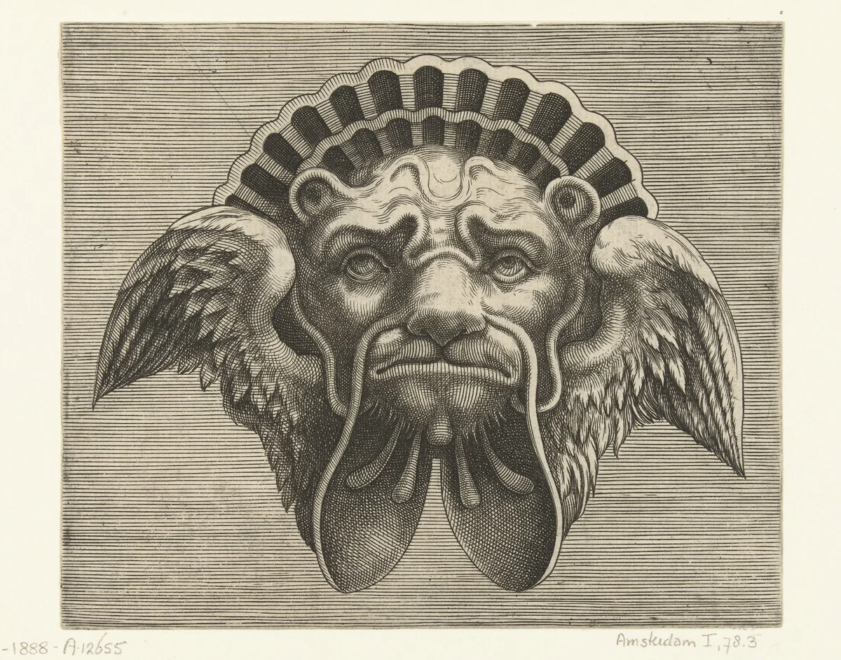 Masker met vleugels in plaats van oren en een hoofdtooi in de vorm van een schelp by Frans Huys, print, 1555