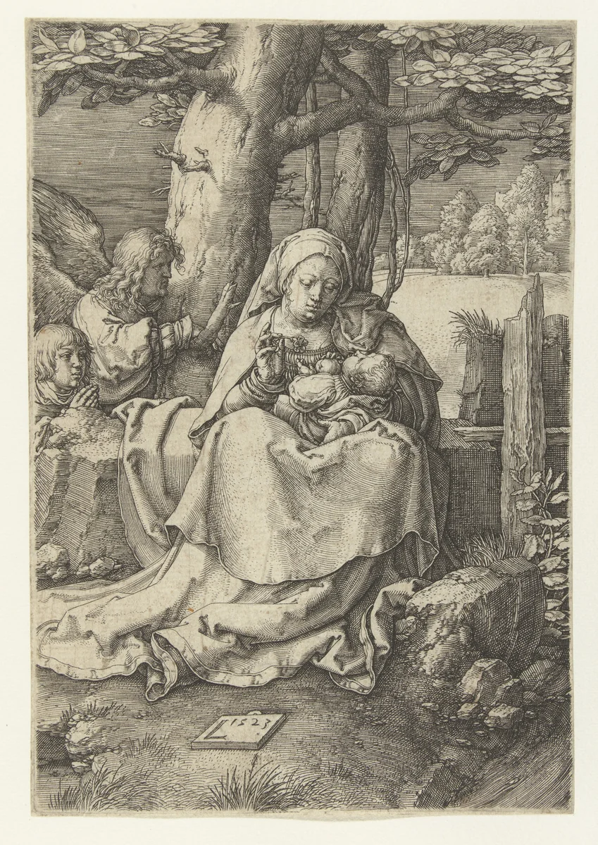 Maria met kind, een engel en een jongen by Unknown, print, 1523