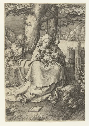 Maria met kind, een engel en een jongen by Unknown, print, 1523