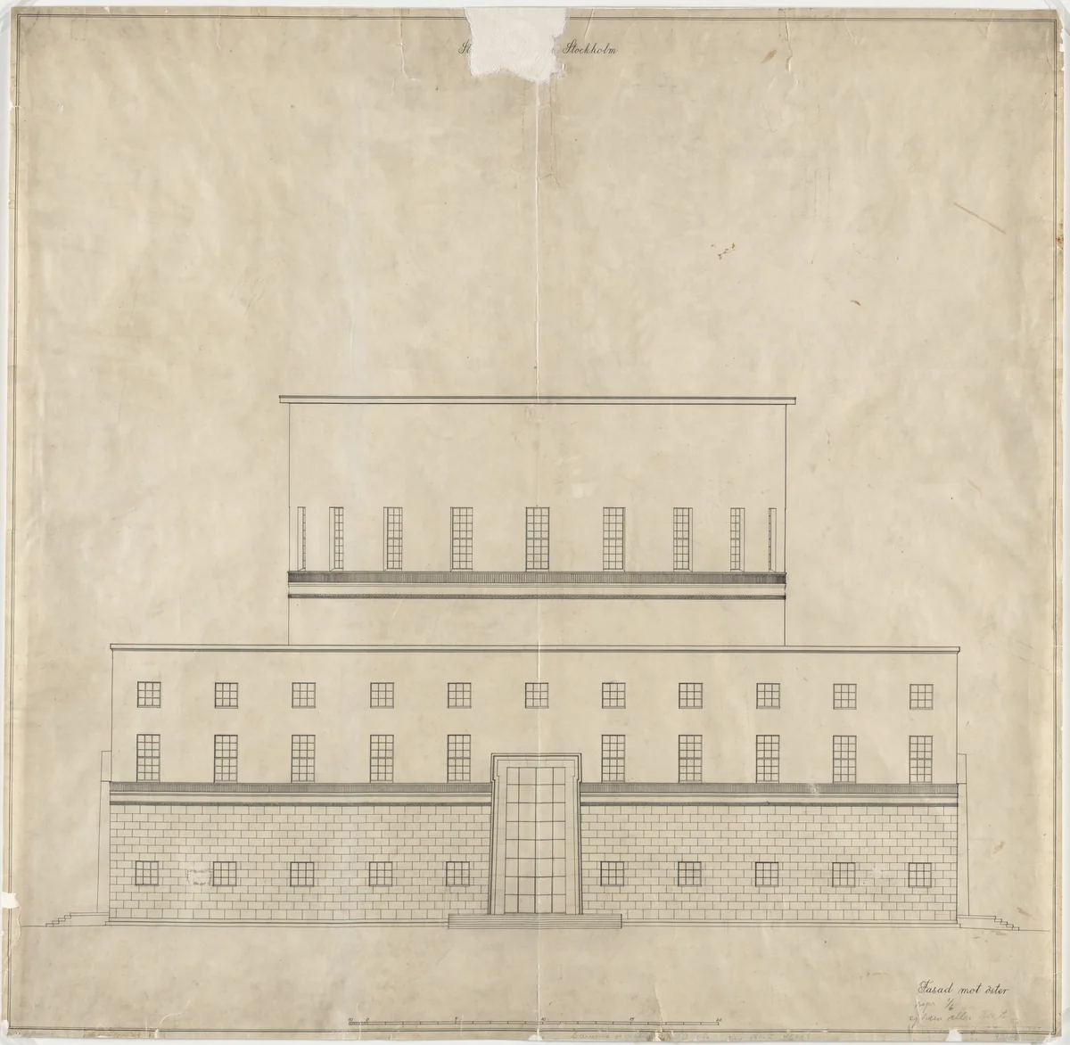 Public Library, Stockholm, Sweden, Elevation of front facade by Erik Gunnar Asplund, architecture