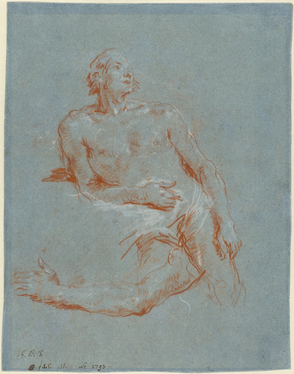 Male Nude Leaning on His Elbow (verso) by Giovanni Battista Tiepolo, drawing, 1752-1753
