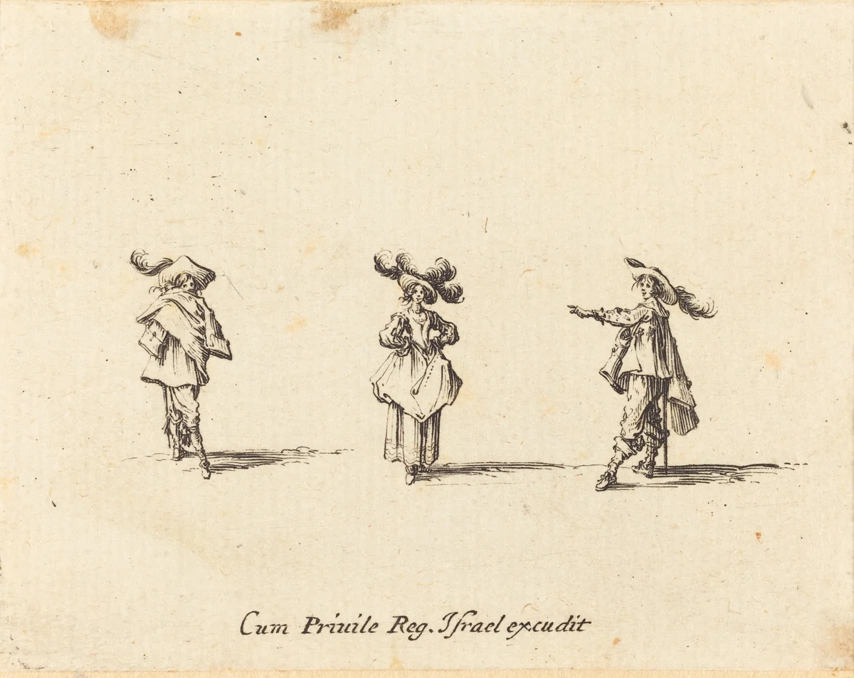 Lady with Large Plumes, and Two Gentlemen by Jacques Callot, print, 1628-1638