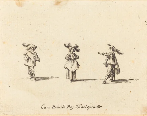 Lady with Large Plumes, and Two Gentlemen by Jacques Callot, print, 1628-1638