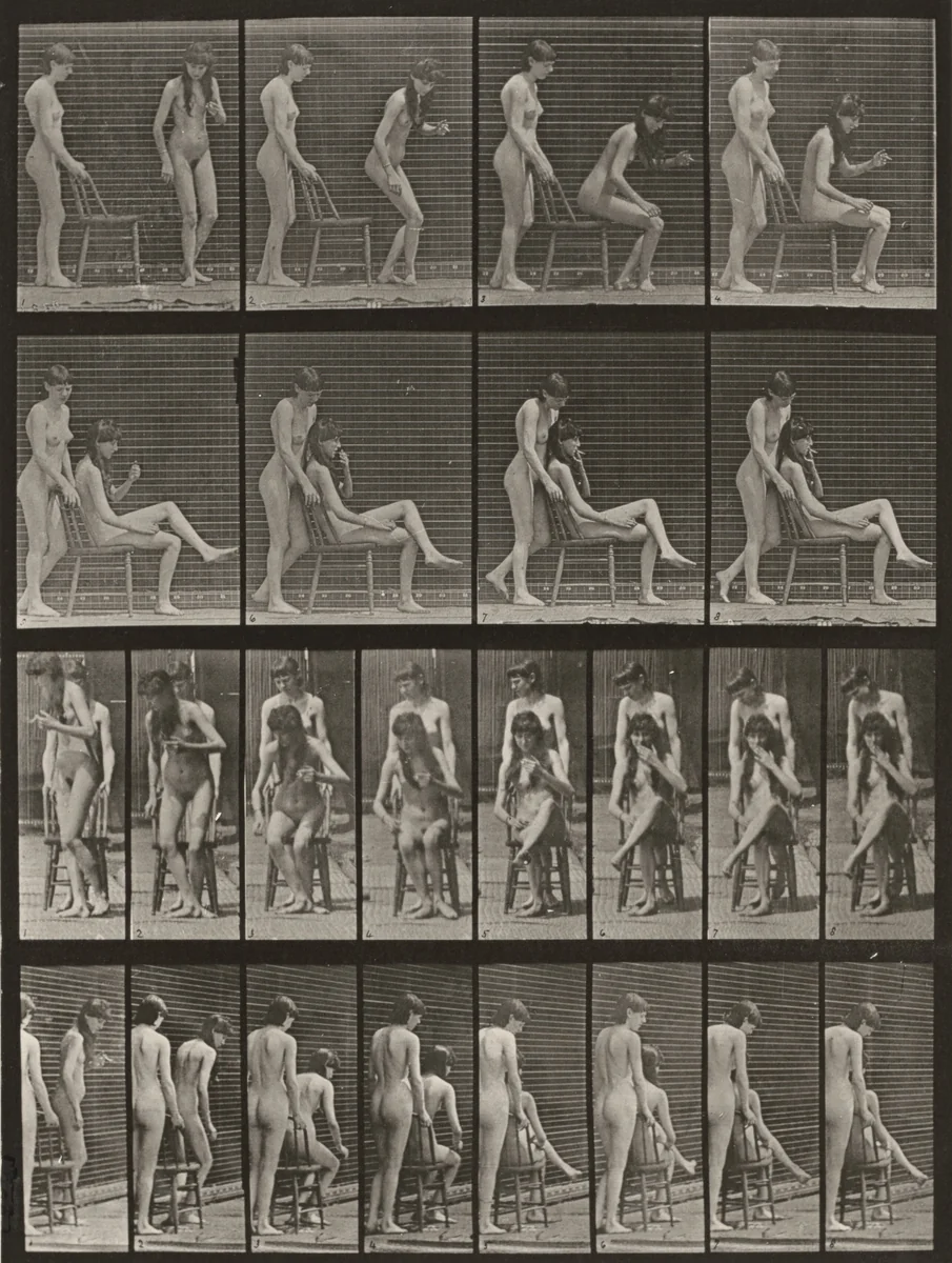 Plate Number 239. One woman standing, another sitting and crossing legs by Eadweard Muybridge, photograph, 1887