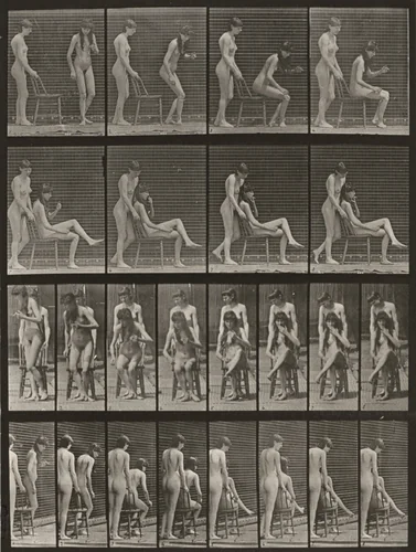 Plate Number 239. One woman standing, another sitting and crossing legs by Eadweard Muybridge, photograph, 1887