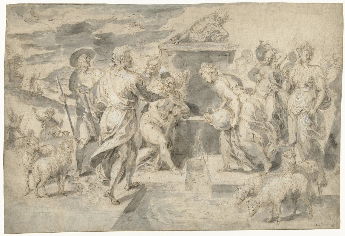 Mozes helpt de dochters van Jetro by Chrispijn van den Broeck, drawing, 1534-1591