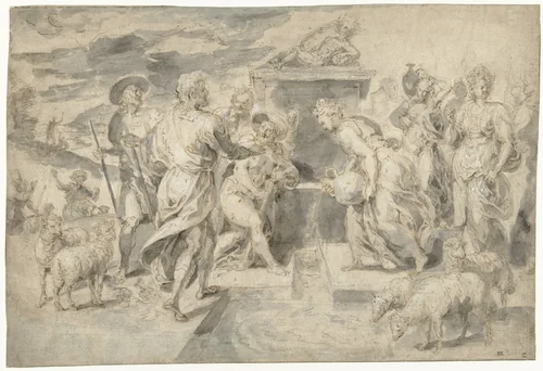 Mozes helpt de dochters van Jetro by Chrispijn van den Broeck, drawing, 1534-1591