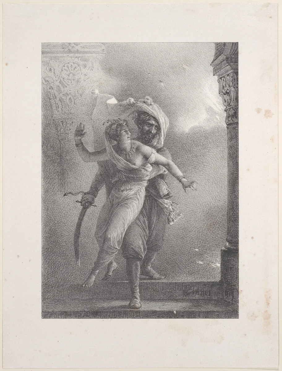 Conrad Saving Gulnare from the Fire by Horace Vernet, print, 1815-1825