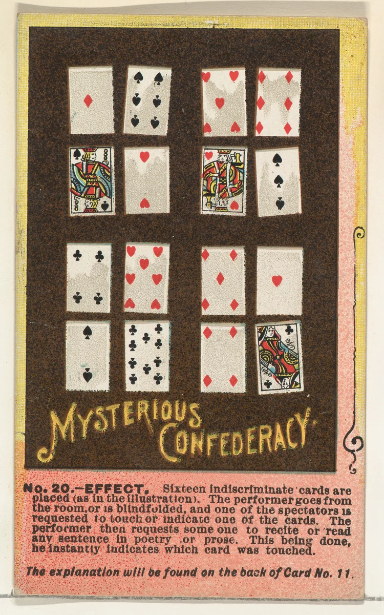 Number 20, Mysterious Confederacy, from the Tricks with Cards series (N138) issued by W. Duke, Sons & Co. to promote Honest Long Cut Tobacco by W. Duke, Sons & Co., print, 1887