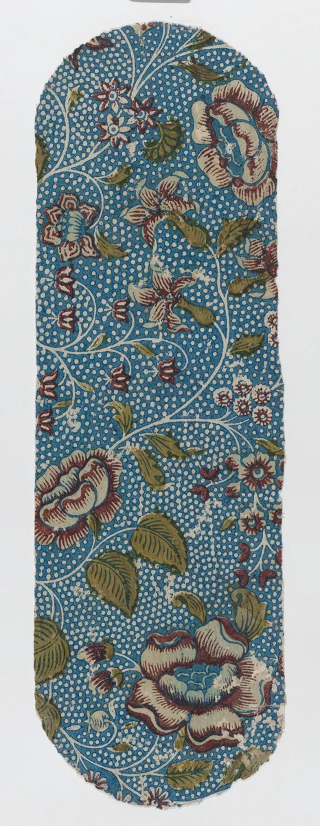 Sheet with an overall floral and dot pattern on blue background by anonymous, print, 1841-1851
