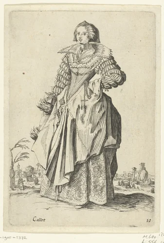 Dame met mutsje, rozenkrans en mof, van voren gezien, naar links by anonymous, print, 1630-1690