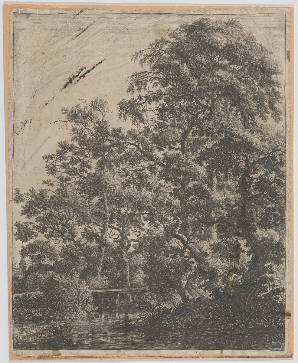 A Small Bridge over a Stream by Anthonie Waterloo, print, 1620-1690