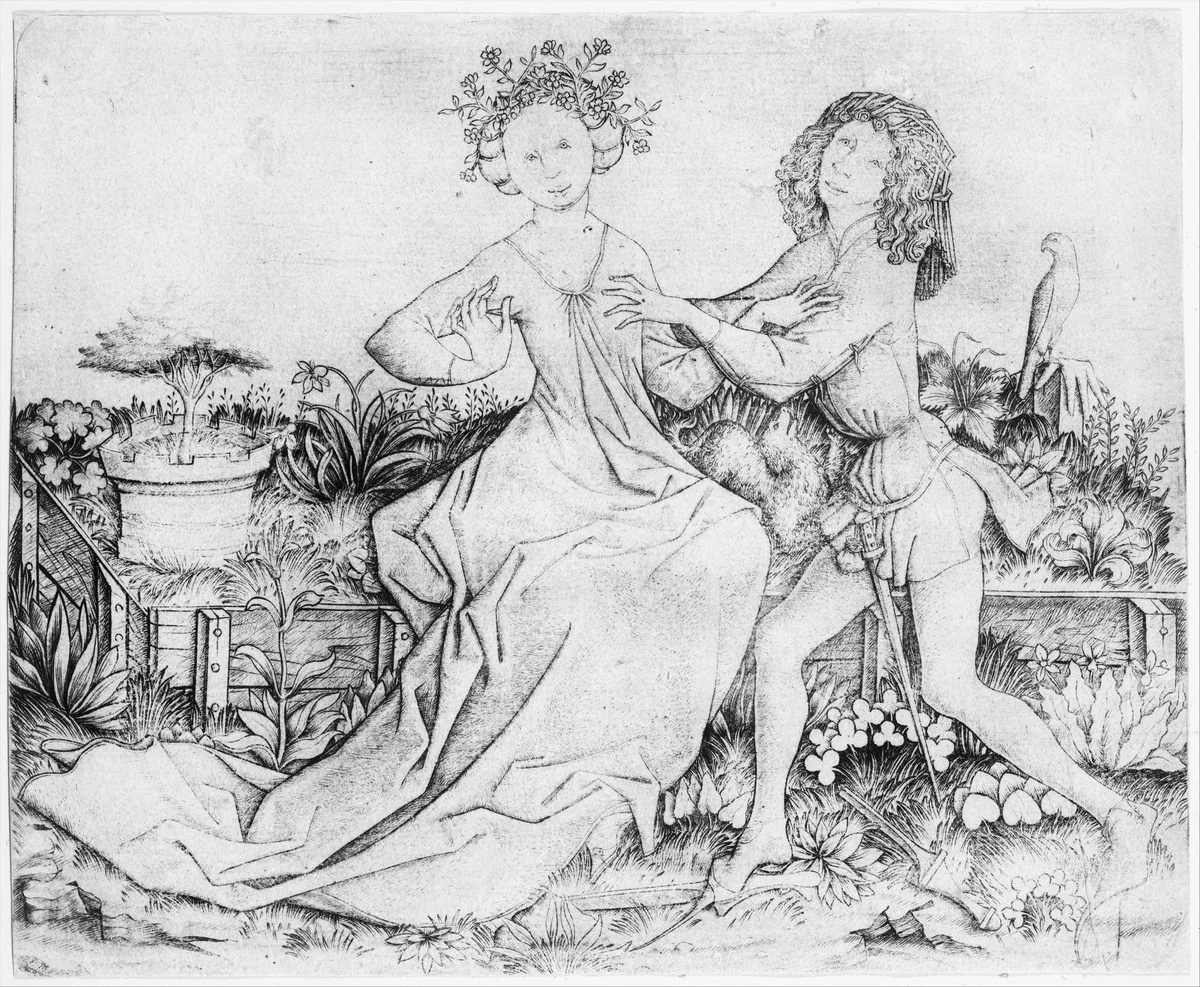 Pair of Lovers on a Grassy Bench by Master ES, print, 1445-1467