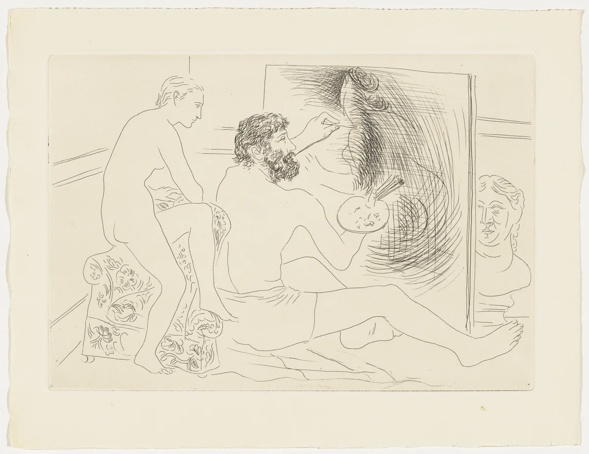 Painter Working, Observed by Nude Model from Le Chef-d'œuvre inconnu by Pablo Picasso, illustrated book, 1927