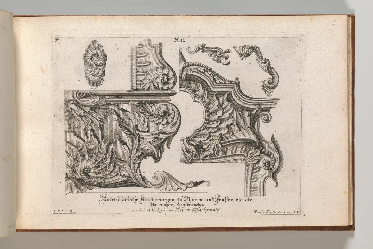 Suggestion for the Decoration of the Lower and Top Right of a Frame, Plate 1 from: 'Unterschidliche Auszierungen zu Thüren und Fenster, etc. etc. sehr nutzlich zu gebrauchen' by Jeremias Wachsmuth, book, 1745-1755