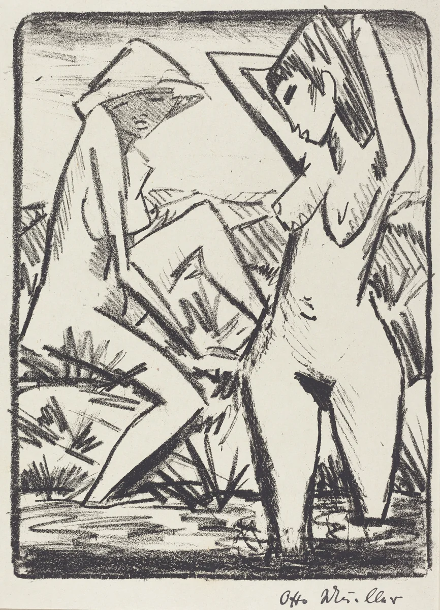 Standing Girl in Water and the Other Sitting on Shore (Im Wasser stehendes und am Ufer sitzendes Madchen mit Hut) by Otto Mueller, print, 1921-1922