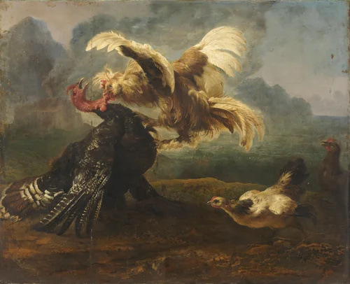 The Flemish Cock and the Turkish Cock by anonymous, painting, 1650