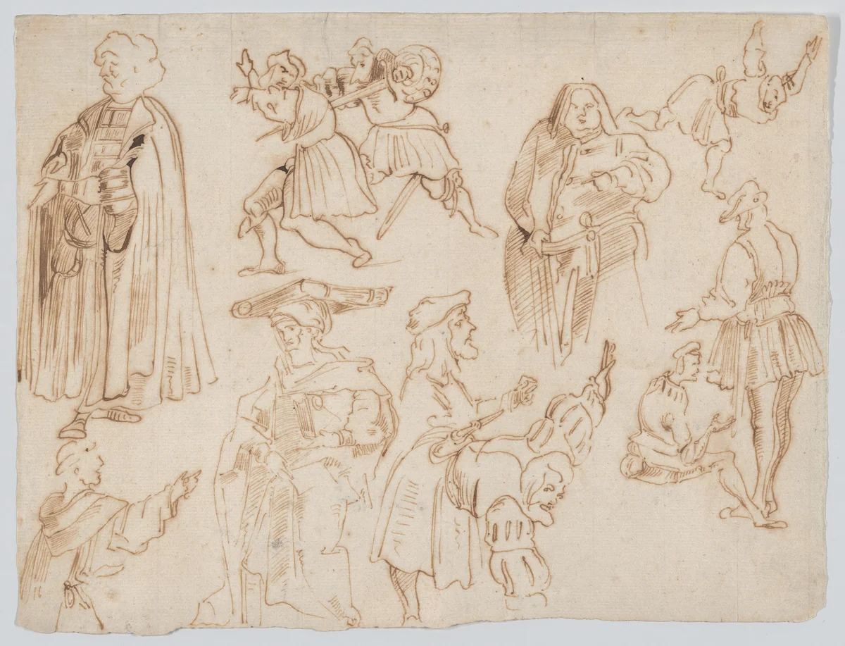 Eleven Figures in Medieval Dress with Two Figures Jousting by Eugène Delacroix, drawing, 1819-1829