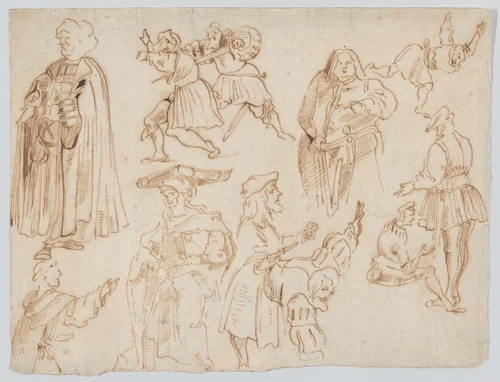 Eleven Figures in Medieval Dress with Two Figures Jousting by Eugène Delacroix, drawing, 1819-1829