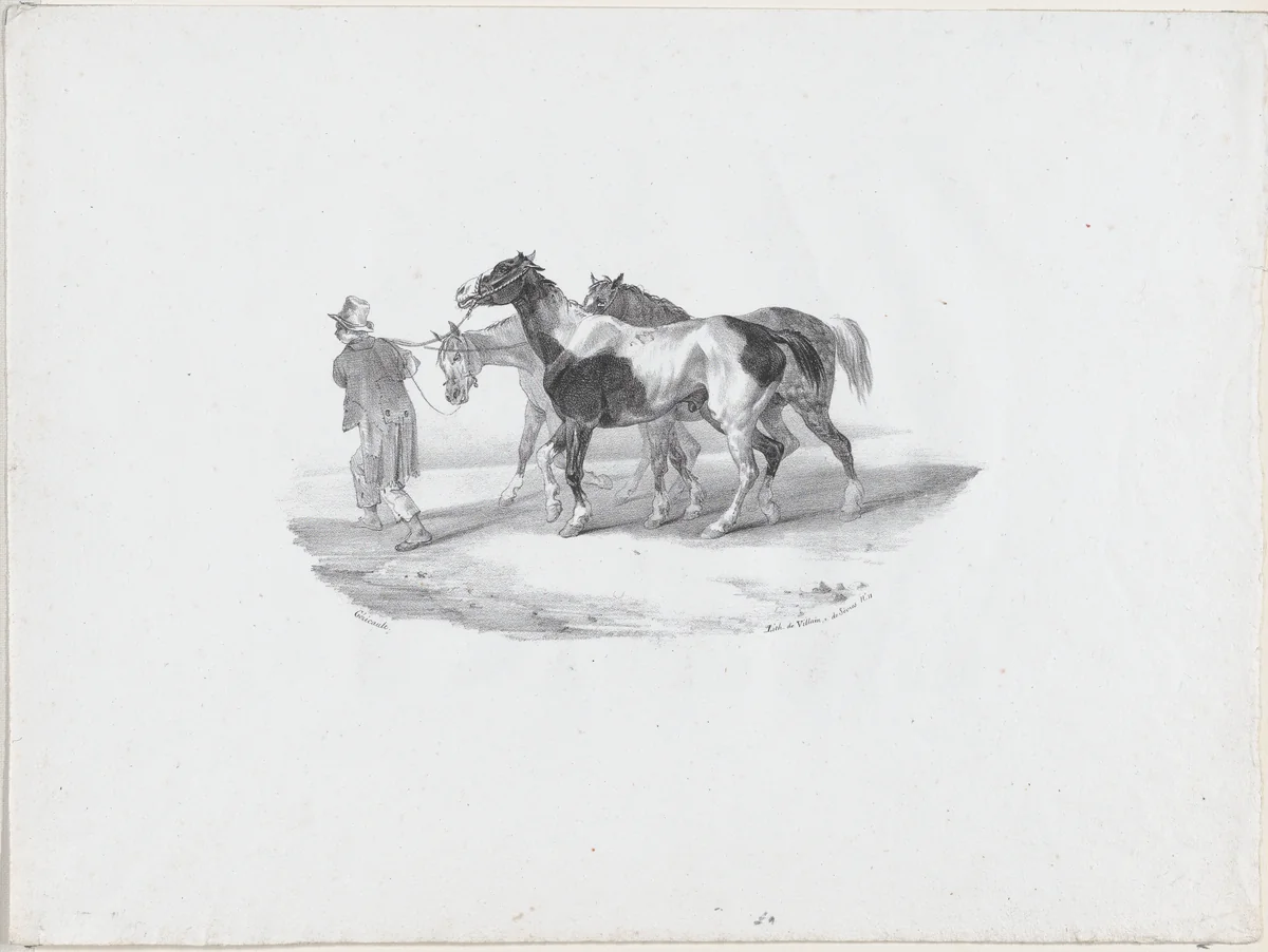 Three Horses Led by a Groom to be Skinned by Théodore Gericault, print, 1823