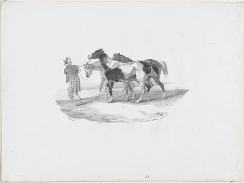 Three Horses Led by a Groom to be Skinned by Théodore Gericault, print, 1823