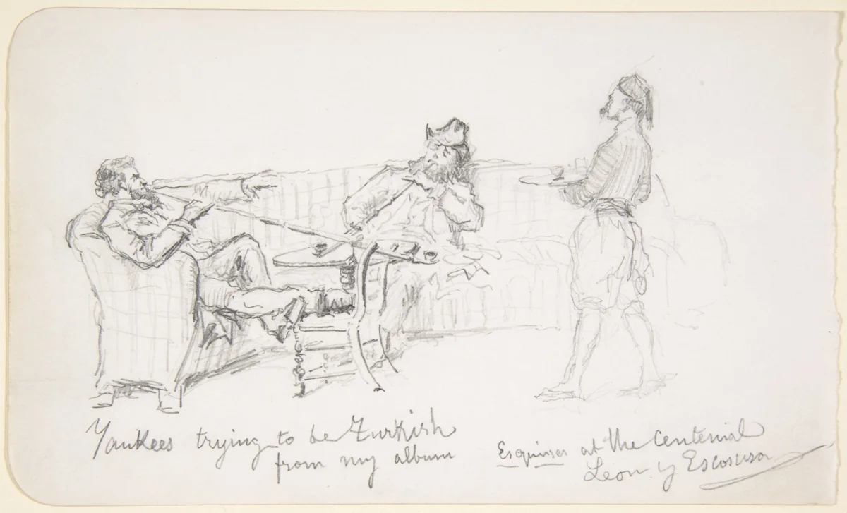 Yankees trying to be Turkish from my album - Esquisses at the Centenial [sic] Leon y Escosura by Ignacio de León, drawing, 1876