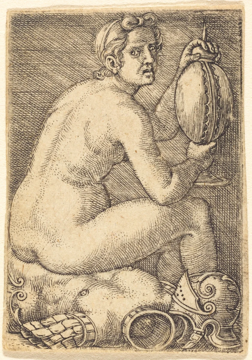 Naked Woman on an Armor (Prudentia?) by Barthel Beham, print, 1520-1530