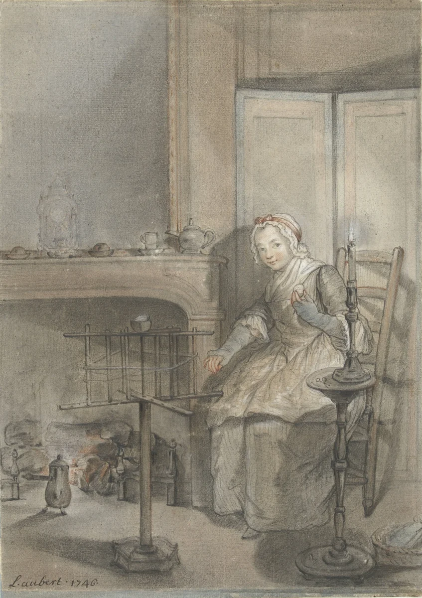 Interieur met een wolkluwende jonge vrouw by Louis Aubert, drawing, 1746