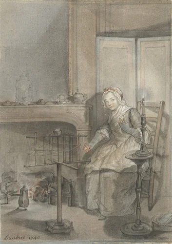 Interieur met een wolkluwende jonge vrouw by Louis Aubert, drawing, 1746