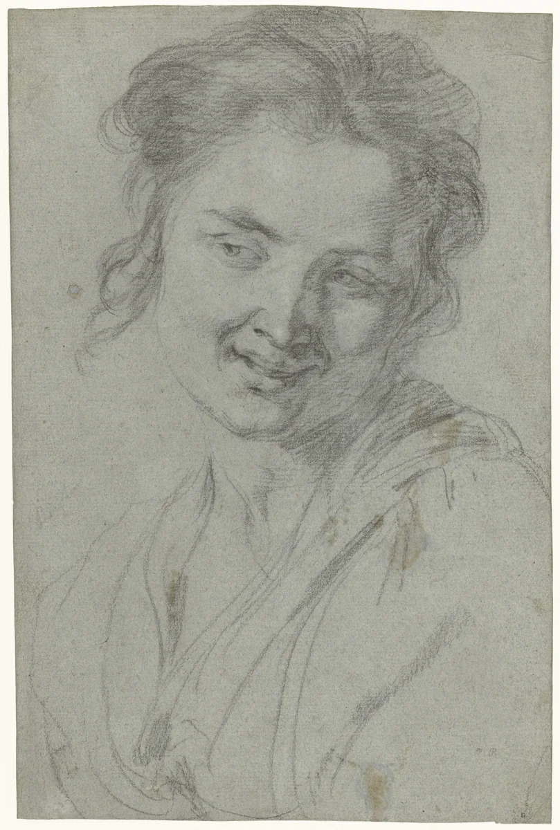 Studie van een lachende vrouw by Johann Liss, drawing, 1616-1619