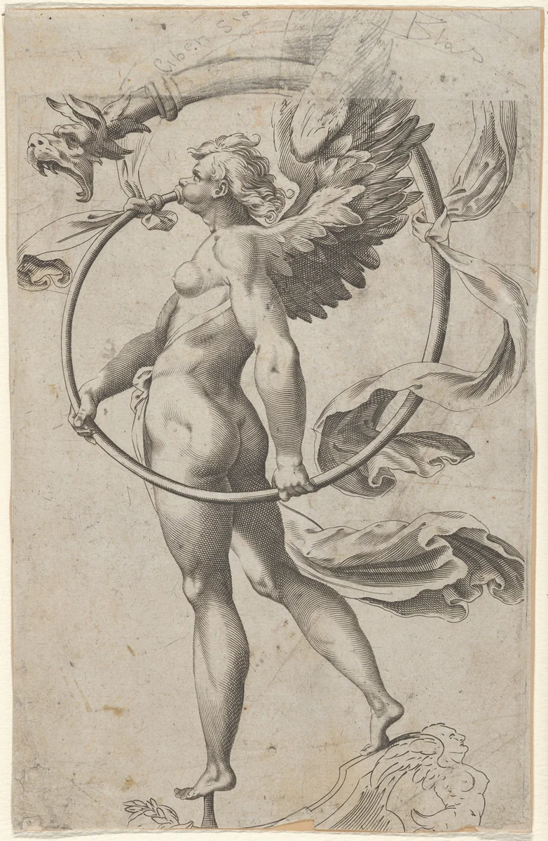 A winged figure of Fame standing facing left and sounding a trumpet by Cherubino Alberti, print, 1570-1615