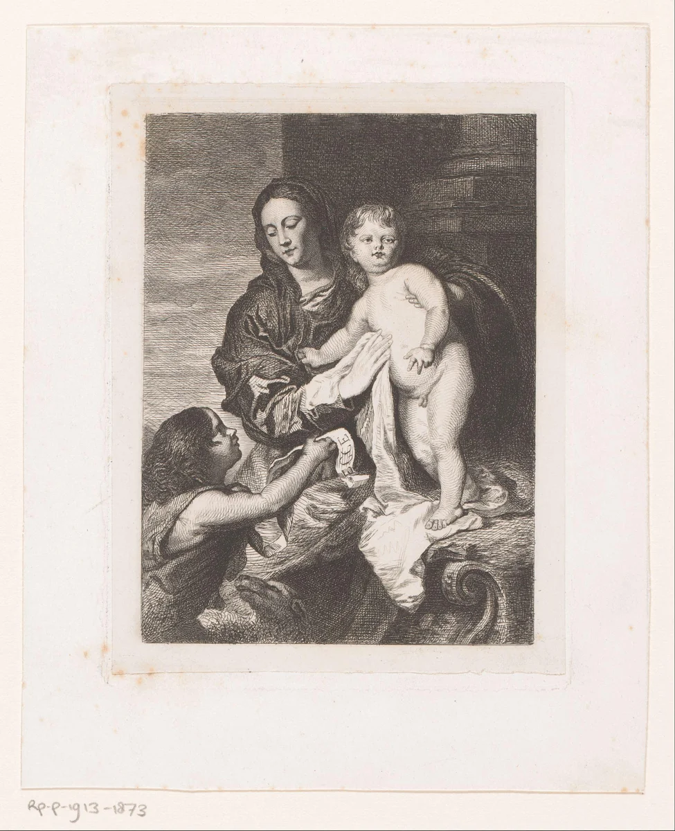 Maria met het Christuskind en de jonge Johannes de Doper by Jean Baptiste Pierre Michiels, print, 1831-1890