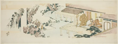 Servant throwing bundles of branches into waterfall by Katsushika Hokusai (葛飾 北斎), print, 1805-1815