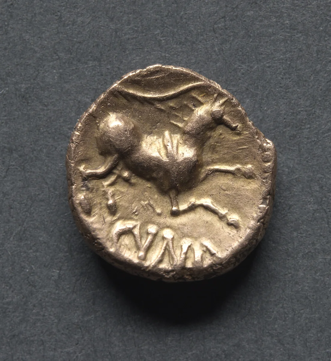Cunobeline Quarter Stater: Horse and Branch (reverse) by Unknown, metalwork, 5-45
