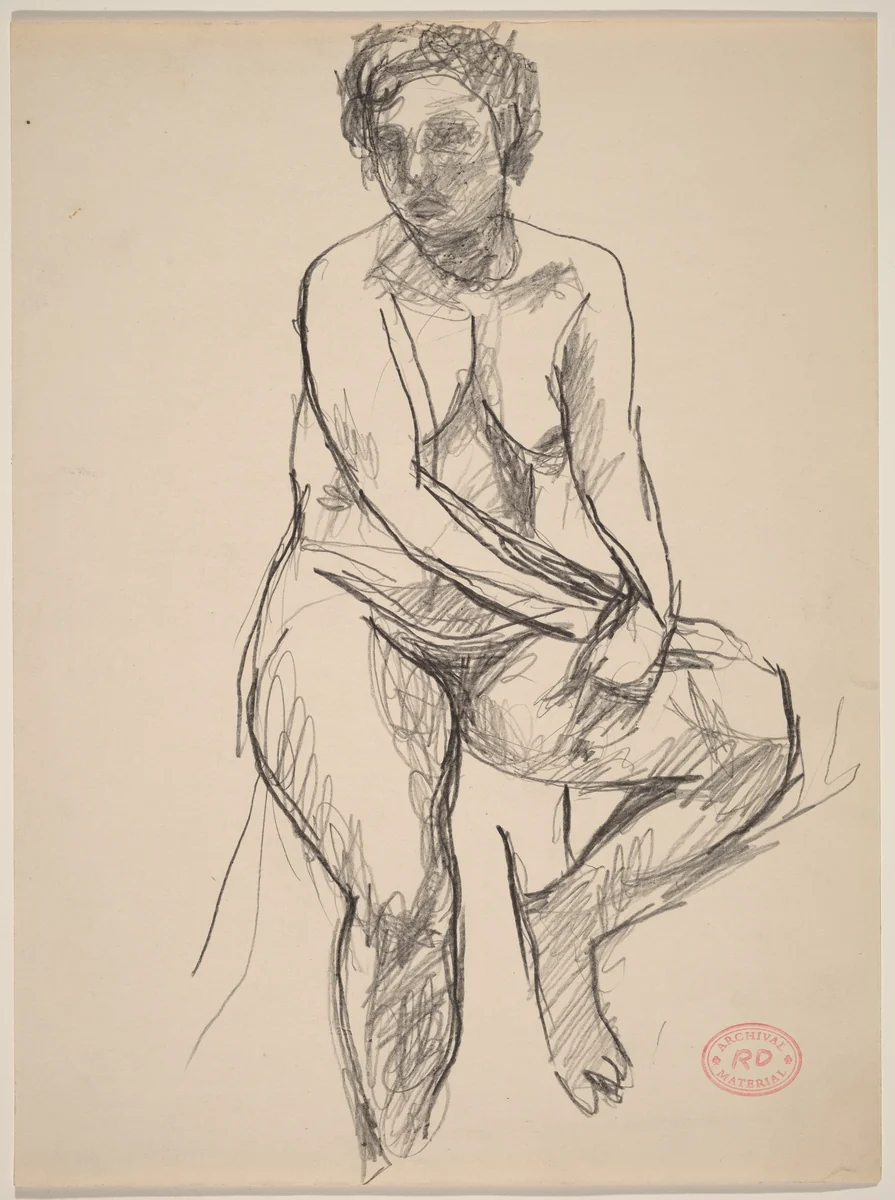 Untitled [female nude seated on a draped stool] by Richard Diebenkorn, drawing, 1955-1967