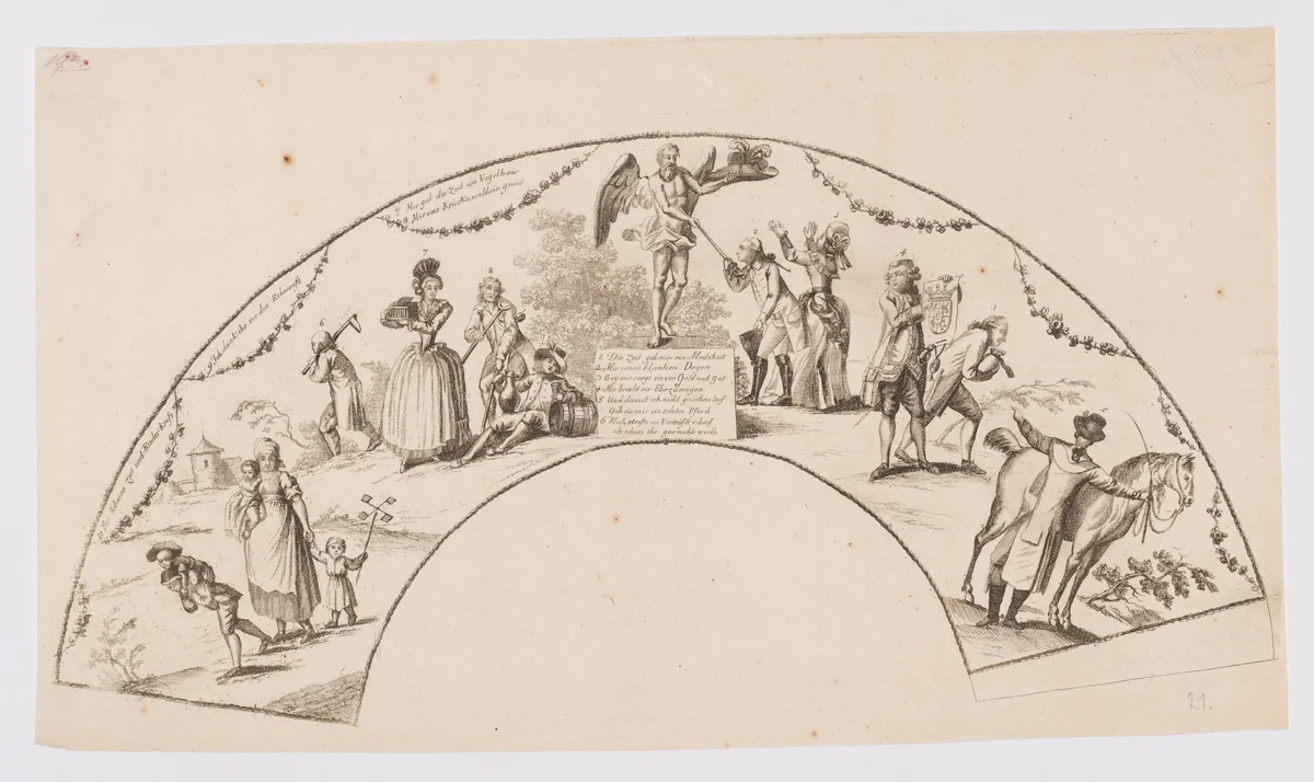 Design for a fan depicting allegory of passage of time by anonymous, print, 1700-1799