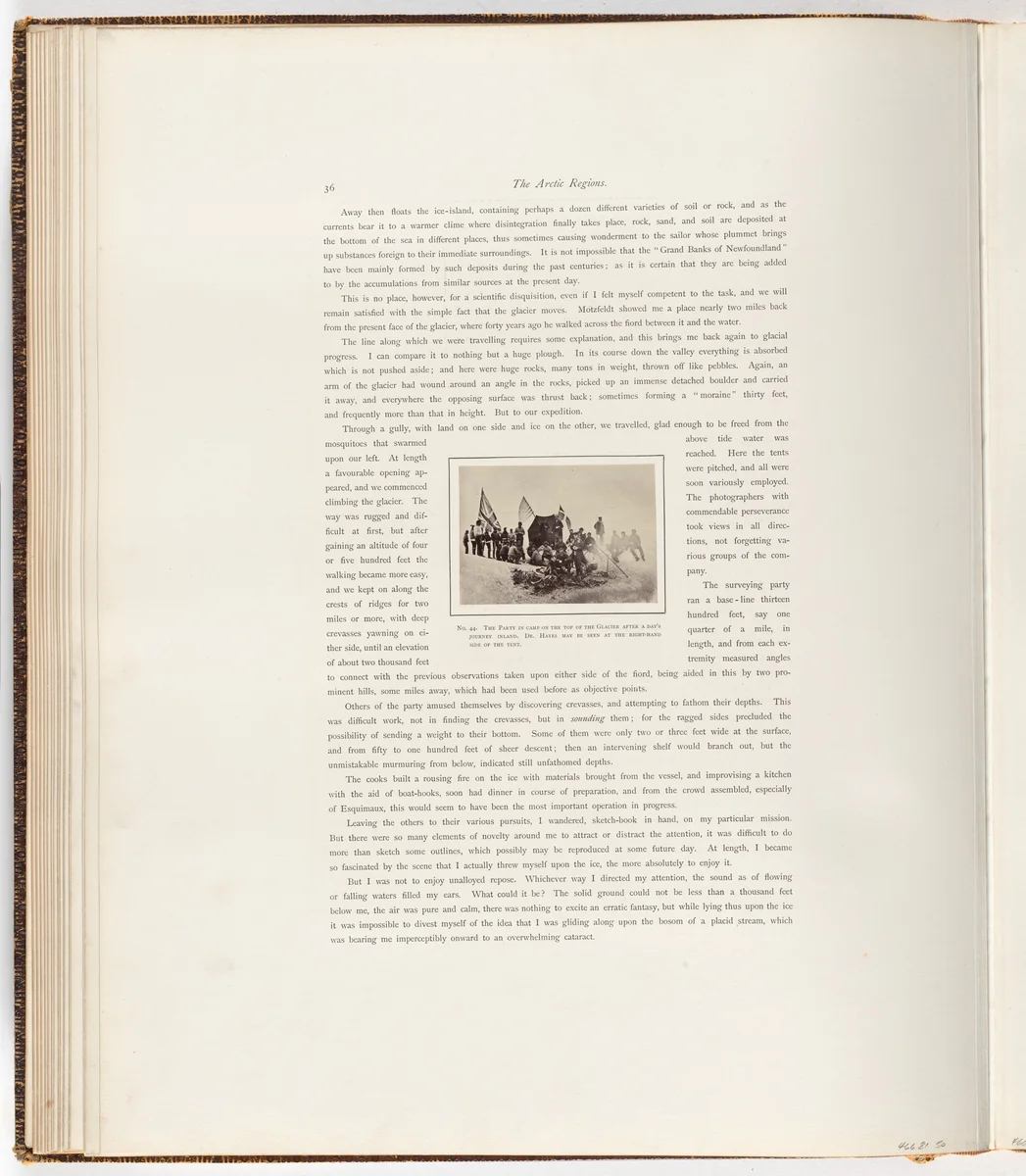 "The party in camp on the top of the Glacier after a day's journey inland. Dr. Hayes may be se en at the right-hand side of the tent." by George P. Critcherson, John L. Dunmore, William Bradford, photograph, 1869