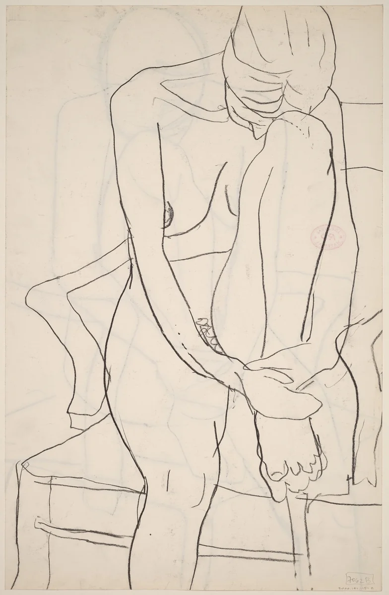 Untitled [seated nude with resting her head on her knee] [verso] by Richard Diebenkorn, drawing, 1955-1967
