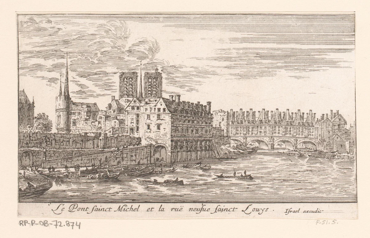 Gezicht op de Pont Saint-Michel by Israël Silvestre, print, 1652