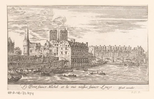 Gezicht op de Pont Saint-Michel by Israël Silvestre, print, 1652