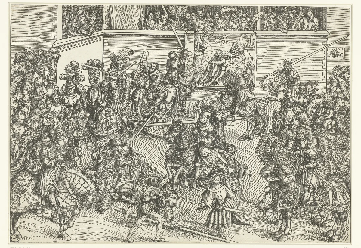 Toernooi van het keurvorstelijk hof van Saksen met wandtapijt Simson doodt de leeuw by Unknown, print, 1509