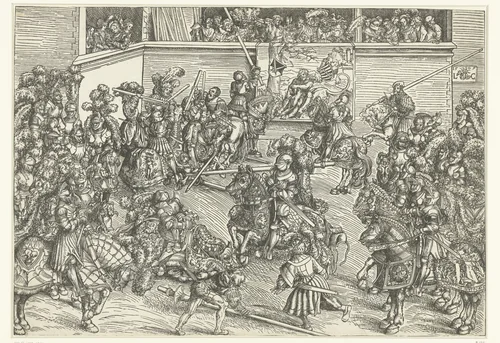 Toernooi van het keurvorstelijk hof van Saksen met wandtapijt Simson doodt de leeuw by Unknown, print, 1509
