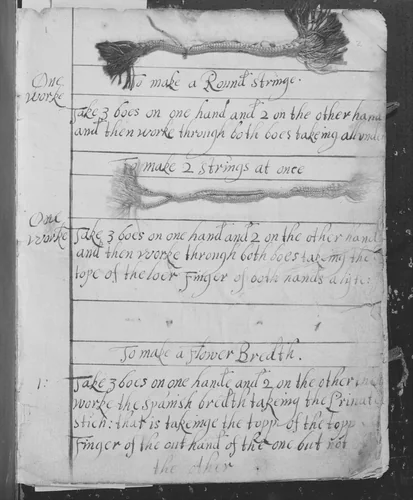 Manuscript book of patterns for purse strings and braid by Lucie Glover, book, 1655