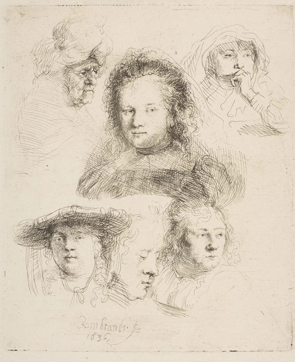 Studies of the Head of Saskia and Others by Rembrandt van Rijn, print, 1636