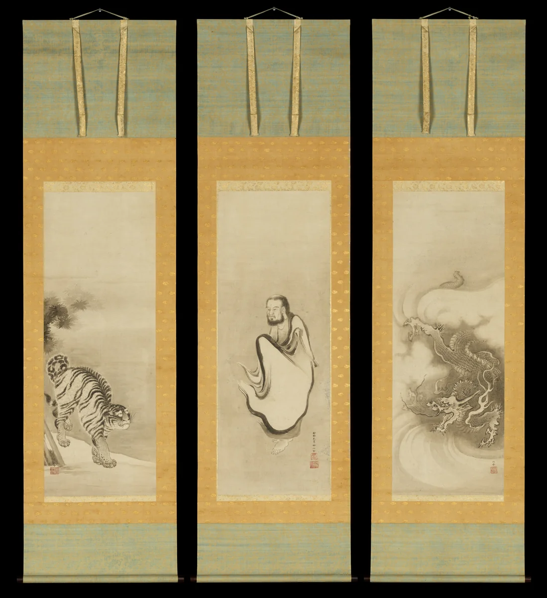 Shakyamuni Emerging from the Mountains, with Dragon and Tiger by Kano Sansetsu (狩野山雪), painting, 1625-1649