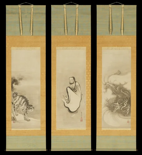 Shakyamuni Emerging from the Mountains, with Dragon and Tiger by Kano Sansetsu (狩野山雪), painting, 1625-1649